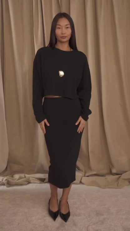 Black Organic Cotton Pencil Midi Skirt